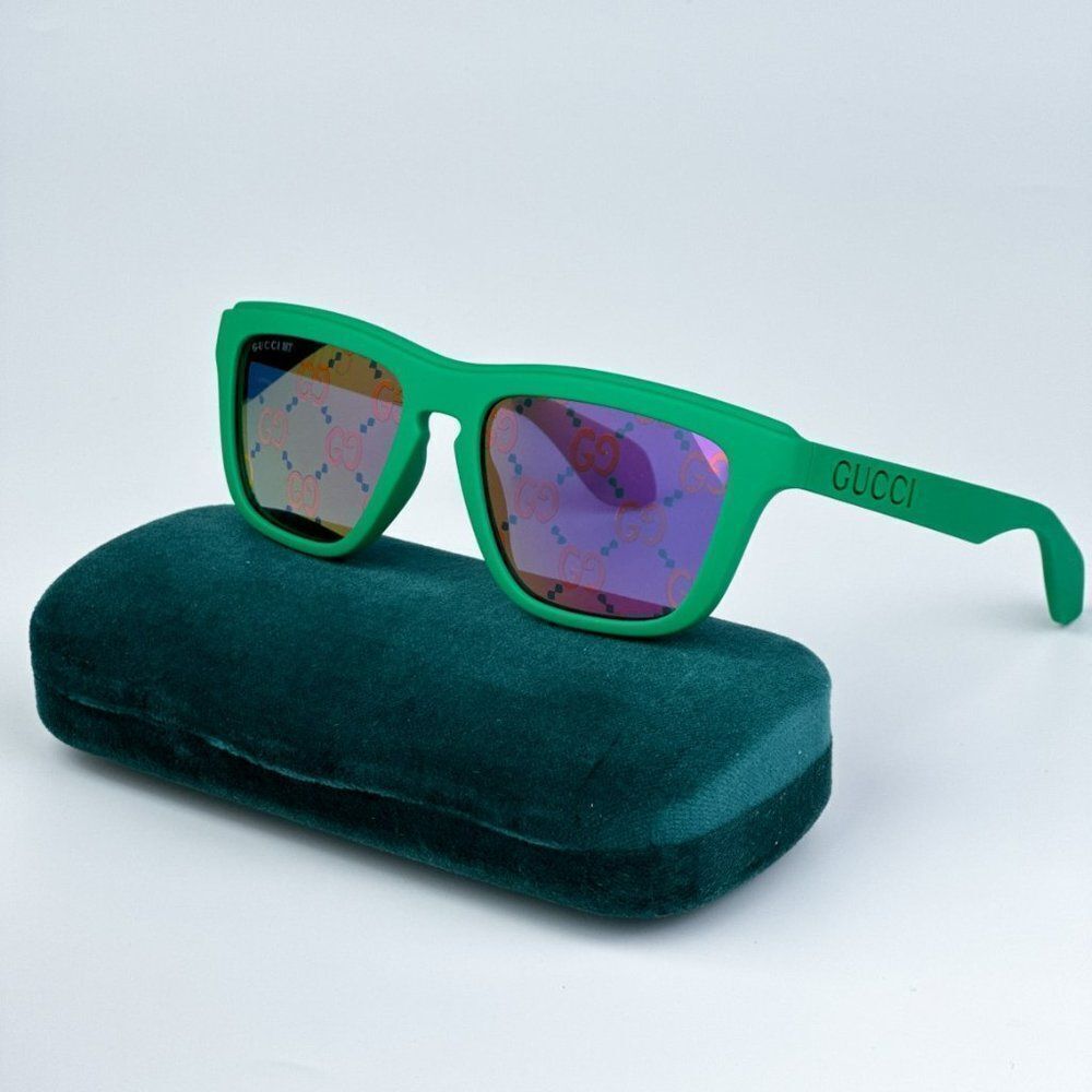 NEW Gucci GG1571S 004 Green Blue Mirrored Logo Unisex Square Sunglasses